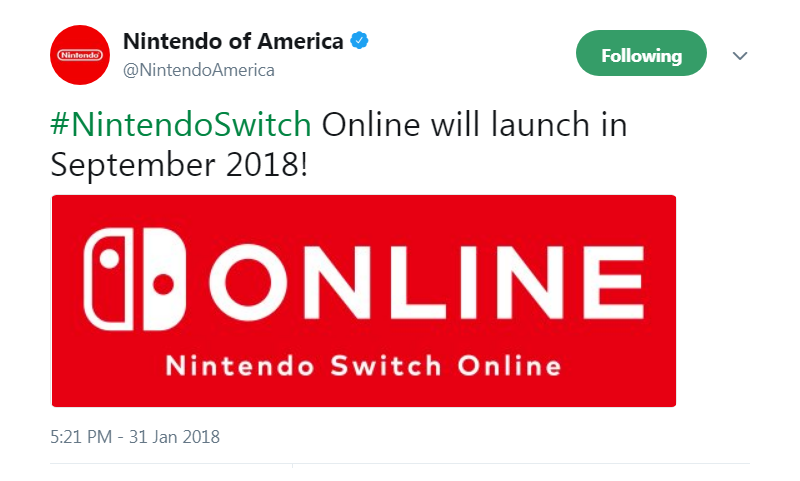 Nintendo Tweeted online service is due to launch in September 2018